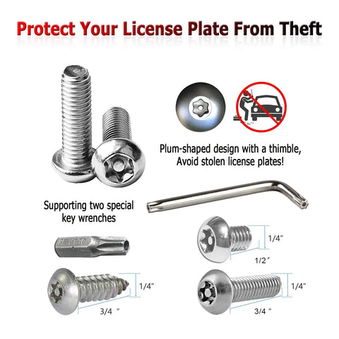 Front License Plate Bracket Mounting Kit For Bumpers With No Holes Or Two Pre Drill Holes No Sweat Install Universal Car Tag Adapter With Anti Theft Stainless Steel Screw Bolt Caps showing screws and wrenches.