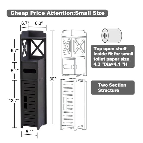 Slim Toilet Paper Storage Cabinet For Tiny Bathrooms, 29.9 Inch Tall, X-Frame Design, Black, Fits 6.3 by 6.7 Inch Slim Space