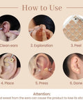 Steps showing how to use All In One Ear Seeds Kit For Auricular Acupressure With 600 Natural Vaccaria Seeds, from cleaning to placement.