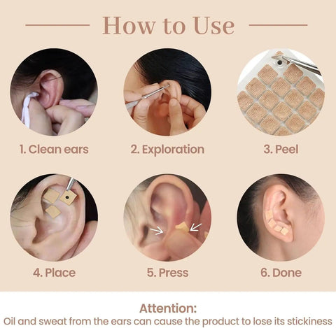 Steps showing how to use All In One Ear Seeds Kit For Auricular Acupressure With 600 Natural Vaccaria Seeds, from cleaning to placement.