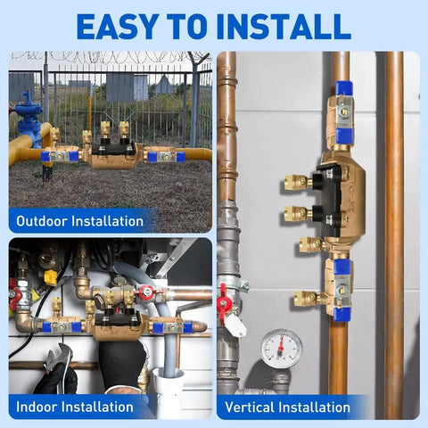 Detachable Pressure Vessel Low Maintenance Backflow Preventer with Double Check Valve Assembly installed outdoors and indoors