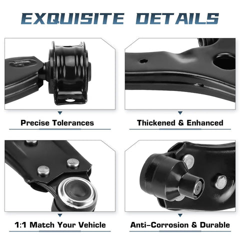 Ford Focus Front Lower Control Arms With Ball Joints Kit For 2004 2011 Models Left And Right Suspension Arms Beefed Up Durable Replacement Includes K80407 K80408 Bolt On Easy Install Direct Fit close-up black steel arms with ball joints