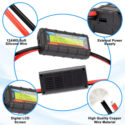200A Upgraded Watt Meter With Longer Wires Pro Grade Power Analyzer For RC Cars Drones Solar Wind Ebike Battery Testers Voltage And Current Monitor With Backlit LCD Display, featuring 12AWG soft silicone wires and high-quality copper material.