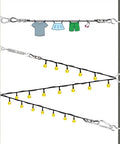 String Light Hanging Kit With 200 Feet Nylon Coated Stainless Steel Wire Rope For Outdoor Parties And Porches, Includes Suspension Kit And Accessories, Easy To Install And Flexible Lighting Designs showing clothes and lights hung on wire