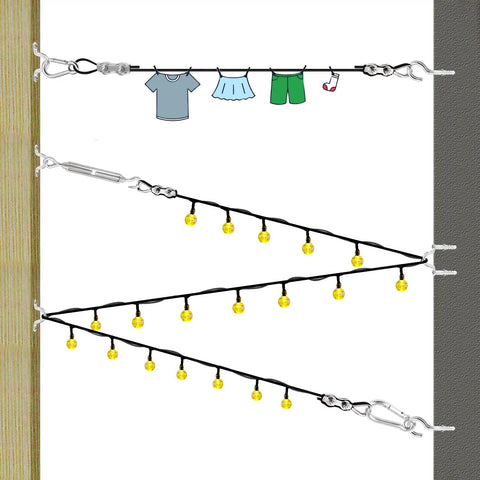 String Light Hanging Kit With 200 Feet Nylon Coated Stainless Steel Wire Rope For Outdoor Parties And Porches, Includes Suspension Kit And Accessories, Easy To Install And Flexible Lighting Designs showing clothes and lights hung on wire