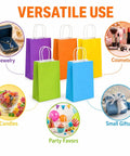15 Pcs Gift Bags With Handles Bulk Kraft Paper Bags For Gift Wrapping Party Favors And Small Gifts Perfect For Birthdays Valentines Christmas Craft Projects And Everyday Use shown with colorful bags and versatile uses for jewelry, cosmetics, candies, party favors, and small gifts.