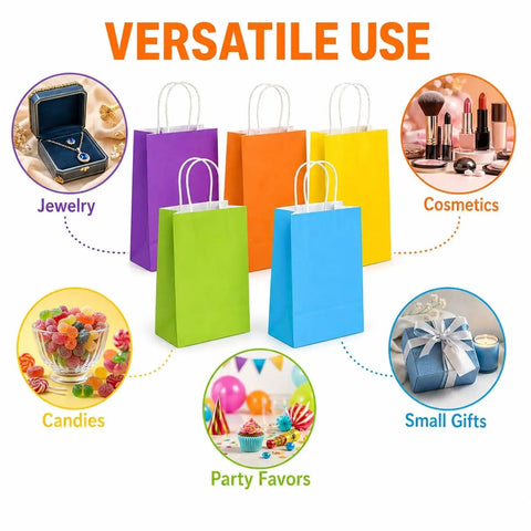 15 Pcs Gift Bags With Handles Bulk Kraft Paper Bags For Gift Wrapping Party Favors And Small Gifts Perfect For Birthdays Valentines Christmas Craft Projects And Everyday Use shown with colorful bags and versatile uses for jewelry, cosmetics, candies, party favors, and small gifts.