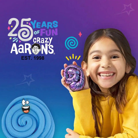 Young girl smiling and holding Crackle And Kracken Thinking Putty in a 4 Inch Tin, Multi Color Sensory Fidget Putty for Kids and Adults.
