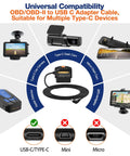 Diagram showing compatibility of Ultimate OBD2 to USB C Adapter Hardwire Kit for Dash Cameras with various devices