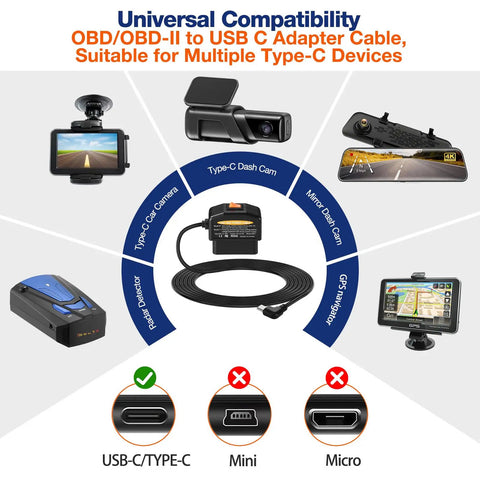 Diagram showing compatibility of Ultimate OBD2 to USB C Adapter Hardwire Kit for Dash Cameras with various devices