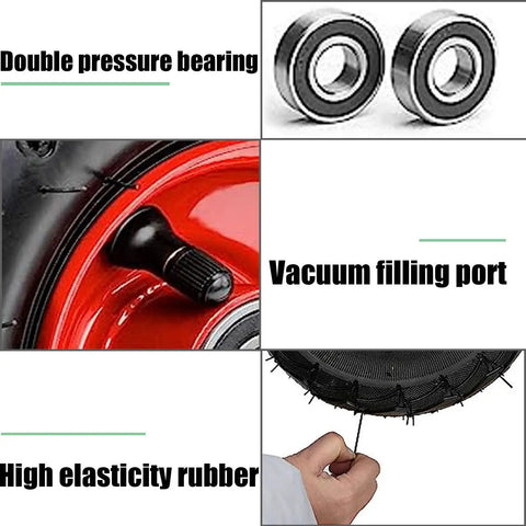 Close-up of Rock Solid Heavy Duty Swivel Casters Rated 900 Lbs features, showing double pressure bearings and vacuum filling port.