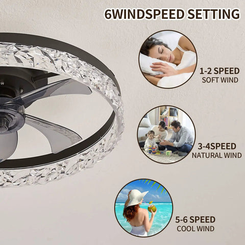 Low Profile Flush Mount Ceiling Fan With Light And Remote Black Round Bladeless Ceiling Fan For Small Rooms 30W LED Light