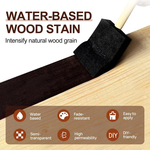 Totally Non Toxic Water Based Wood Stain For Raw Wood And Furniture Dark Oak Shade being applied with a foam brush on wood.