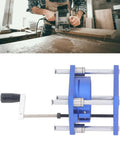 Adjustable Router Lift Base Plate Featuring Zero To Fifty Four Millimeter Height Control For Sixty Four To Sixty Five MM Routers, blue aluminum design.