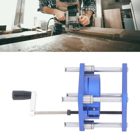 Adjustable Router Lift Base Plate Featuring Zero To Fifty Four Millimeter Height Control For Sixty Four To Sixty Five MM Routers, blue aluminum design.