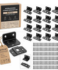 Eight Pack Heavy Duty Corner Brackets Set With Quick Fit Interlocking L Shaped Right Angle Braces Built Tough Plus 40 Screws Stainless Steel 90 Degree Hardware For Cabinets Drawers Tables Chairs And Shelves Black Finish displayed with packaging and screws