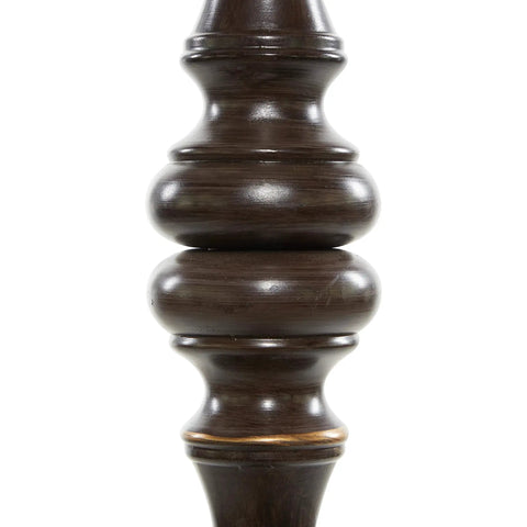 Close-up of polystone floor lamps set with brown finish, showcasing traditional trapezoid silhouette, solid polystone construction.