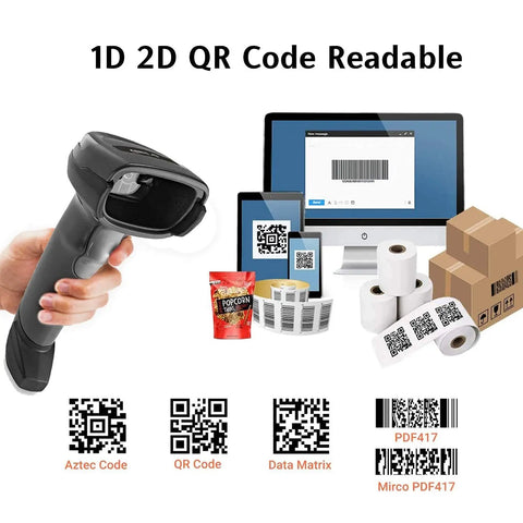 DS2208 Series Handheld Corded Standard Range Imager Kit With Shielded USB Cable black scanning codes on screen and boxes