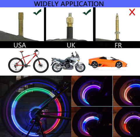 4 Pack LED Bike Wheel Light Valve Caps Waterproof Tire Valve Stems Spoke Flash Lights Colorful Reflector Accessories For Bikes Cars And Motorcycles With 10 Extra Batteries For Safer Night Riding showcased on bike, motorcycle, and car