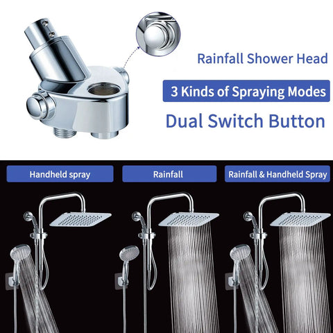 Rainfall Dual Shower Head Combo with 8-Inch Rain Head and 5-Function Handheld Spray featuring three spray modes and dual switch button.