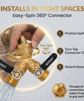 Heavy Duty Two Way Hose Splitter Brass Lead Free With Extra Long Butterfly Valves And On Off Easy Grip Handles Garden Hose Connector For Faucet And Spigot Includes Washers And Teflon Tape Dual Outlet Adapter installed on faucet
