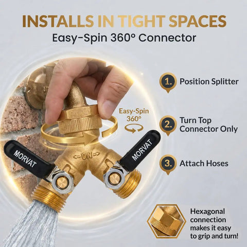 Heavy Duty Two Way Hose Splitter Brass Lead Free With Extra Long Butterfly Valves And On Off Easy Grip Handles Garden Hose Connector For Faucet And Spigot Includes Washers And Teflon Tape Dual Outlet Adapter installed on faucet