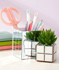Desk organizer decorated with 120 Pack Mini Square Mirror Tiles 1x1 Inch For Mosaic Art And Crafts, DIY Home Decor Backsplash.
