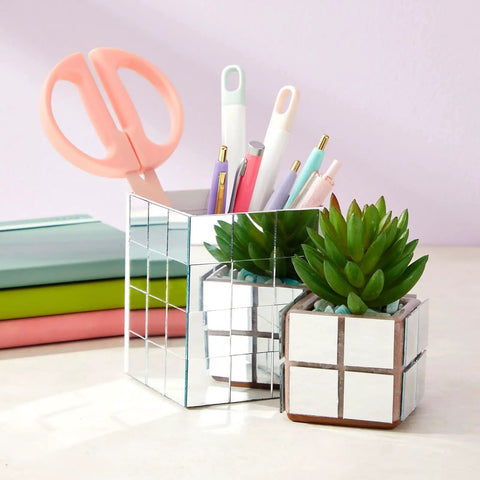 Desk organizer decorated with 120 Pack Mini Square Mirror Tiles 1x1 Inch For Mosaic Art And Crafts, DIY Home Decor Backsplash.
