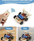 Remote control in hand operating 5 In 1 STEM Car Kit For Kids Ages 8 12 Wood Building Set with wireless control on different surfaces.
