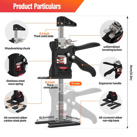 Front view of drywall lifter hand furniture jack with scale ruler, ergonomic handle, and rubber base