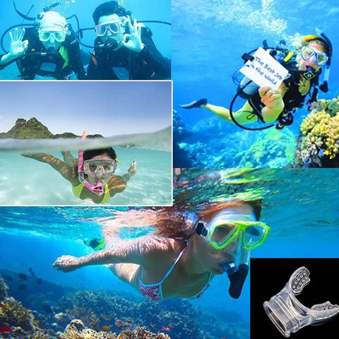 Collage of divers using Transparent Silicone Regulator Mouthpiece Set Of 6 For Scuba Diving with visible soft, clear silicone design.