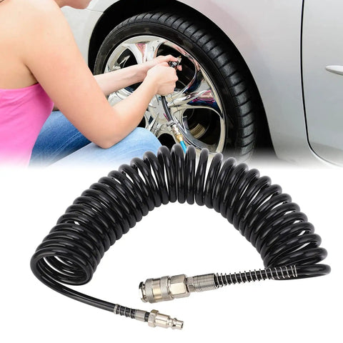 Top Shelf Coiled Air Compressor Hose Featuring Heavy Duty Flexible Inflation Extension Tube For Cars And Motorcycles  with tire inflator connection.