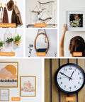 Rock Solid Picture Hanging Kit Top Shelf Heavy Duty Hooks And Nails For Drywall Wood No Sweat Setup For Photo Frames Mirrors And Wall Art 152 Piece Set showcasing photo frames, jewelry, mirror, and clock.