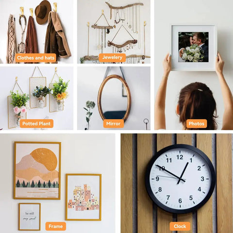 Rock Solid Picture Hanging Kit Top Shelf Heavy Duty Hooks And Nails For Drywall Wood No Sweat Setup For Photo Frames Mirrors And Wall Art 152 Piece Set showcasing photo frames, jewelry, mirror, and clock.