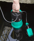 1HP Submersible Sump Pump With 3700GPH Flow, Auto Float Switch in action, ideal for low-water jobs in pool, pond, garden, basement.