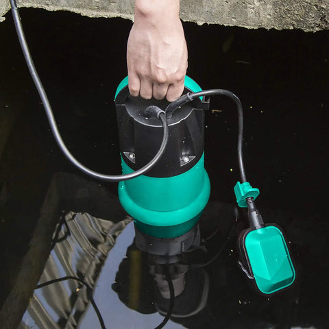 1HP Submersible Sump Pump With 3700GPH Flow, Auto Float Switch in action, ideal for low-water jobs in pool, pond, garden, basement.