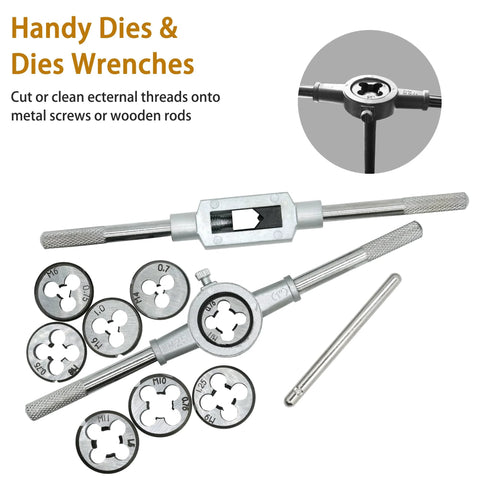 Front view of Axelord 40-piece metric tap-and-die set with knurled handles and round dies (M3-M12).