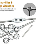 Pro Grade 110 Piece Tap And Die Set For Metric Threads M2 To M18 with wrenches and dies displayed on white background.