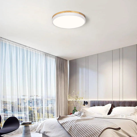 Modern Wood Trim LED Ceiling Light Fixture Sleek Round Flush Mount Not Dimmable 4000K Neutral White Glow For Bedroom