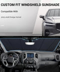 Custom Fit Windshield Sun Shade For Dodge Hornet 2023 To 2025 GT RT Plus Hybrid Metallic Silver installed in car interior.