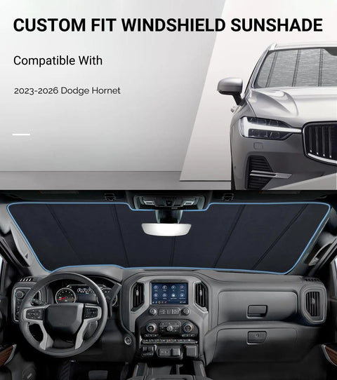 Custom Fit Windshield Sun Shade For Dodge Hornet 2023 To 2025 GT RT Plus Hybrid Metallic Silver installed in car interior.