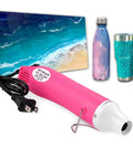 Bubble Removing Heat Gun For Epoxy Resin And Acrylic Art Crafts, Quick Drying Tool, Pink, shown with glitter tumbler and travel mug.