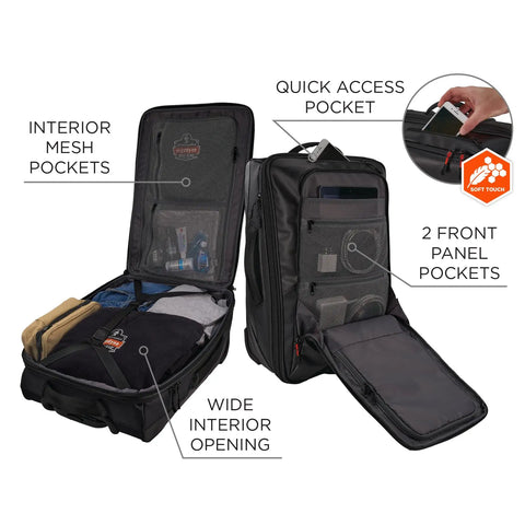 Soft Sided Rolling Carry-On Bag That Expands Up To 1.5 Inches For 42 Liter Capacity, showing interior and front panel pockets.