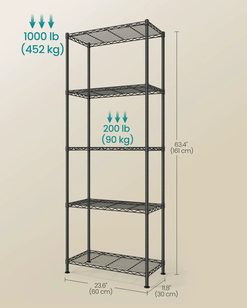 Five Tier Metal Wire Storage Shelf Unit With Adjustable Shelves For Garage Kitchen Pantry And Living Areas Ink Black Finish 11.8 Inch Deep 23.6 Inch Wide 63.4 Inch High Sturdy Durable And Easy Assembly, front view