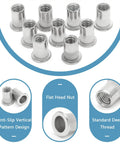 50 Pack M5 304 Stainless Steel Rivet Nuts Flat Head Knurled Threaded Insert Heavy Duty Fasteners arranged showing details.
