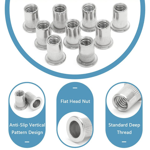 50 Pack M5 304 Stainless Steel Rivet Nuts Flat Head Knurled Threaded Insert Heavy Duty Fasteners arranged showing details.