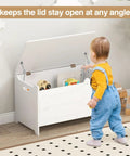 Adjustable Lid Stay Hinges For Small Wooden Toy Boxes And Chests, Zinc Alloy Lid Supports, installed on white toy chest with toddler.