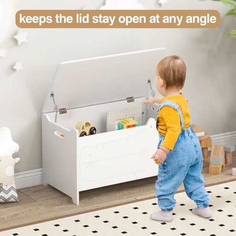 Adjustable Lid Stay Hinges For Small Wooden Toy Boxes And Chests, Zinc Alloy Lid Supports, installed on white toy chest with toddler.
