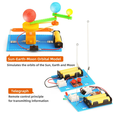 Hands On Five Model STEM Science Kit For Kids Ages 6 7 8 9 10 11 12 Featuring Telegraph Newtons Cradle Sun Earth Moon Orbit Model And More Educational Engineering Toys For Boys And Girls showcasing orbital model and telegraph model.