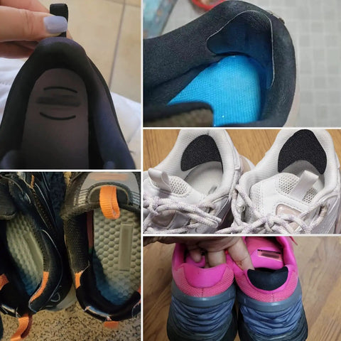 8 Pair Self Adhesive Shoe Hole Patches For Sneaker Repair applied to various sneakers showing black microfiber leather patches